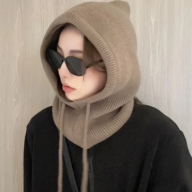 New Winter Trendy Balaclava Hat Windproof Scarf Knitted Hat For Women Cute Warm Ear Protection Hat