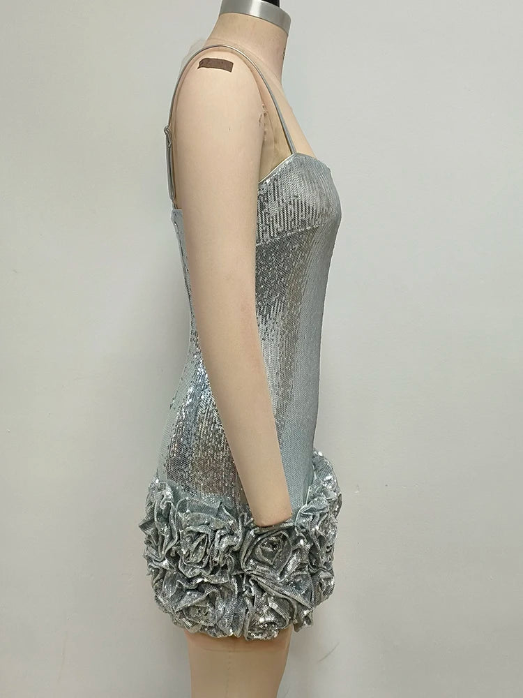 Glamorous Women's Silver Sequin Spaghetti Slip Mini Dress with Ruffled Hem Shiny Flower Party Night Club and Special Occasion