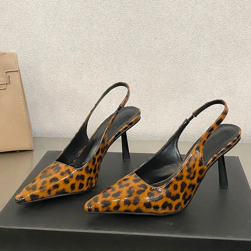 Fashion Pointed Toe Ladies High Heels Sandals Shoes Female Slip On Footwear Leopard Print Women Heeled Sandals Shoes Pumps