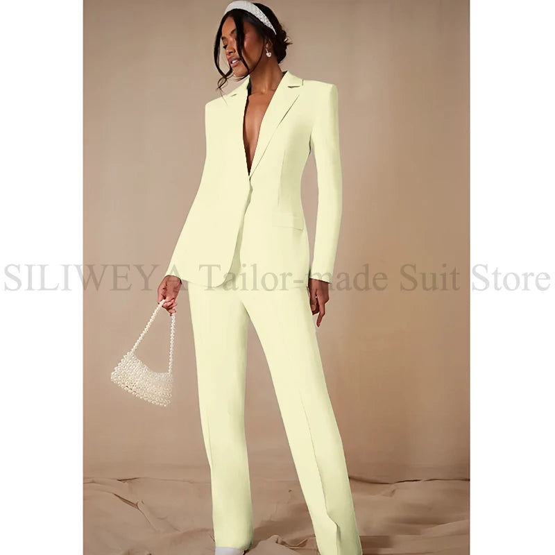 Luxury White Women's Clothing Single Breasted 2 Pieces Jacket Pants Female Suits Office Banquet Party Lady's Blazers Sets
