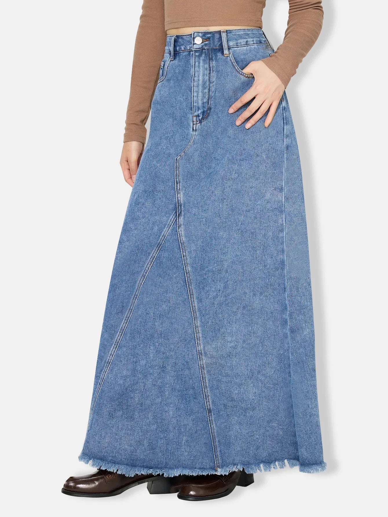 Denim Skirt Women Vintage Long Skirts High Waist Distressed Washed Button Pockets Summer Mom Jeans Y2k A Line Streetwear 2025