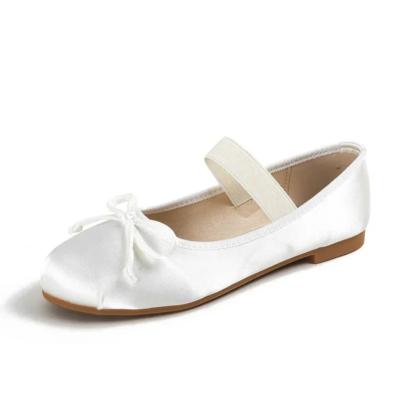 Round Toe Bow Satin Mary Jane Ballet Flats for Women
