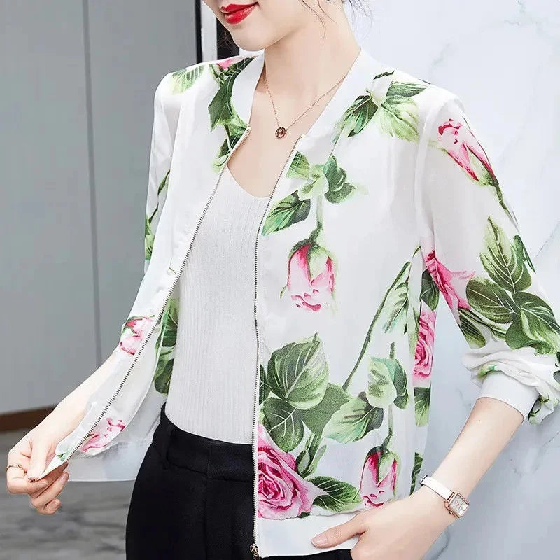 Fashion Print Jacket Female Spring Top 2024Summer UV Protection Joker Short Chiffon Sunscreen Clothing Female Top Thin Shirt Top