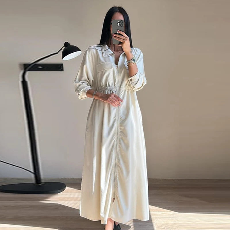 Women's Fashion Zipper Waist Long Dress Casual Solid Laple Full Sleeve A-line Long Robe Lady 2025 Autumn Chic Loose Streetwear