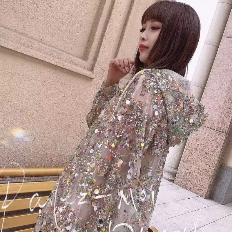 2025 Summer New Sunscreen Clothing Women's Coat Glitter Hollow Out Coat Thin Fashion Long Sleeve Hoodie