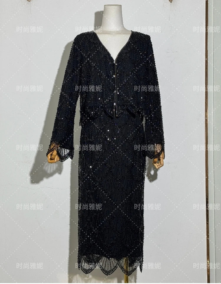 Fashion New Fashion Long-sleeved Sequined Pearl Bead Cardigan Women's Top High-waisted Skirt 2-piece 2025 Spring New Skirt Sets