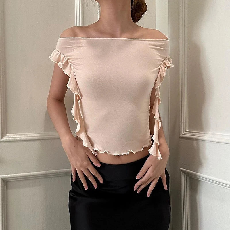 Summer New Women's T-shirt Short Sleeve Fashion Black Sexy Simple Crop Top Casual Streetwear Slash Neck Slim Basic Female Tees