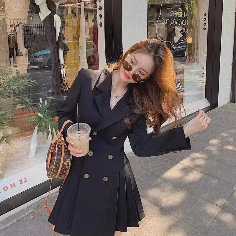 Elegant Double-Breasted Suit Dress Skirt Style Polyester Fiber Full Sleeve Regular Neckline Empire Waist Midi Length Dress