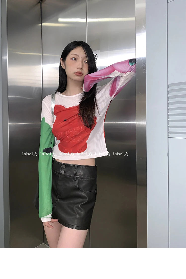 Karrram Y2k Aesthetics Mesh Tops Japanese Harajuku Cartoon Print T-shirt 2000s Vintage Cute T Shirt Korean Style Dopamine Tops