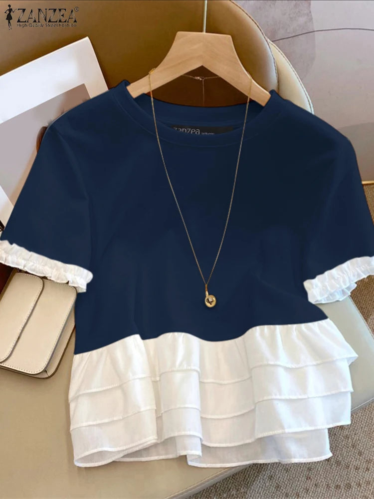 ZANZEA Woman Summer Fashion Chic T-Shirts Round Neck Short Sleeve Ruffle Trim Layered Hem Contrast-Color Casual Patchwork Tees