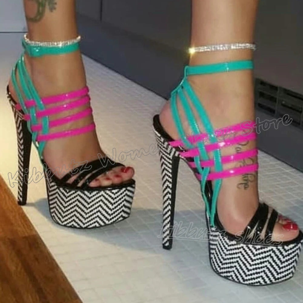 Striped Sandals Platform Round Toe Thin High Heels Mixed Color Leather Fashion Luxury Elegant Concise Sexy Hot Girls Shoes New