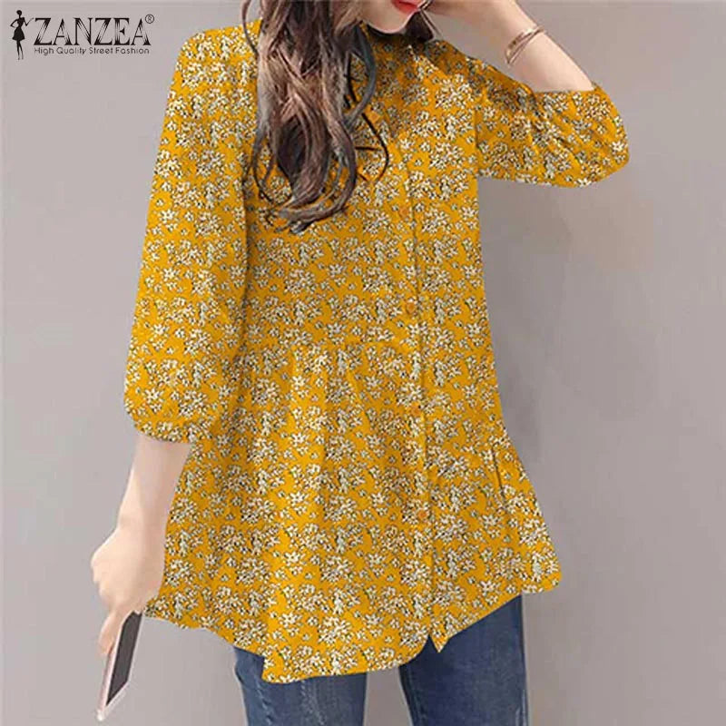ZANZEA 2024 Summer Shirt Women Floral Prined Bohemian Stand Collar 3/4 Sleeve Casual Vintage Elegant Blusas Loose Tunic Tops