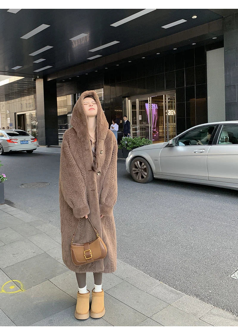  2025 Winter New Thick Women's Long Imitation Mink Plush Cardigan With Integrated Fur Eco-Friendly Hooded Fur Coat Solid Color