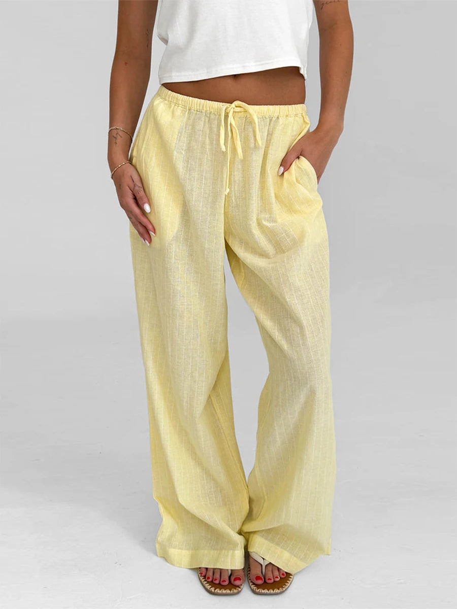 Women Loose Pants Stripe Micro-Sheer Drawstring Elastic Waist Trousers Spring Fall Casual Sweatpants Bottoms
