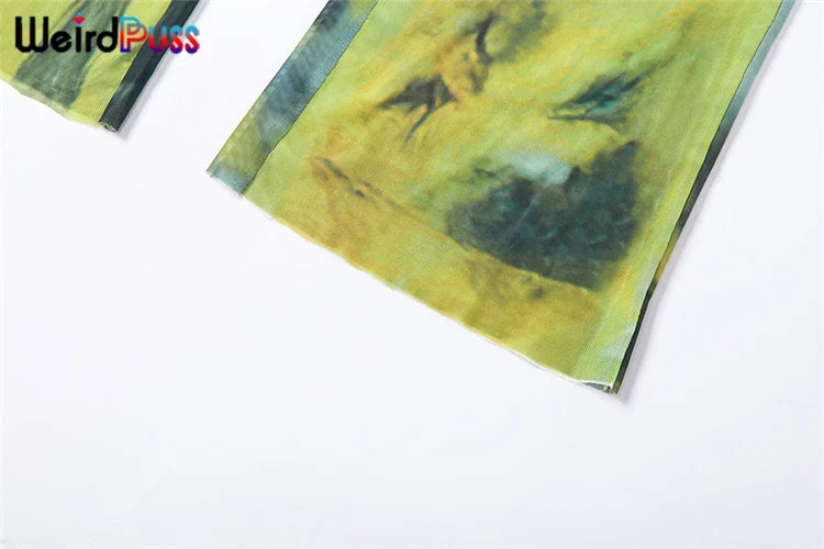 Weird Puss Mesh Tie Dye Straight Pants Women Sexy Summer Trend See Through Thin Skinny Streetwear Wild Elastic Activity Bottoms