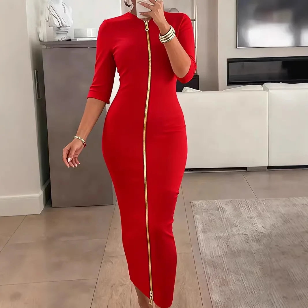 Elegant Mid Sleeve V Neck Ankle Length Dress for Women
