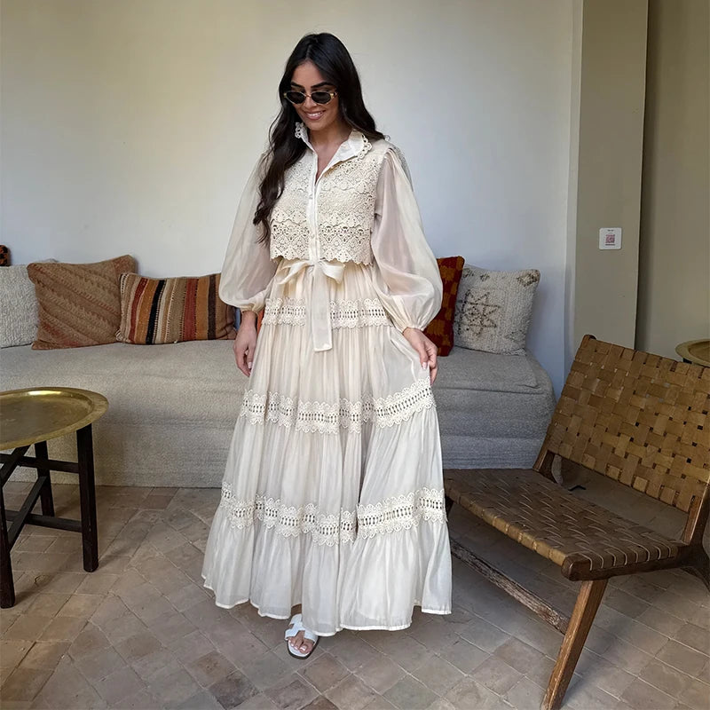 Embroidered maxi Dress Women Lapel Hollow Fashionable Short Sleeve Belt High Waist long Dresses Female Summer Chic robe
