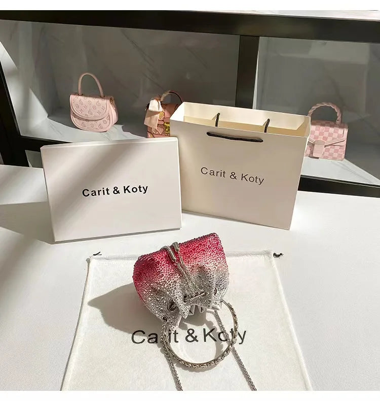 Crystal Shiny Diamonds Bucket Bag Fashion Women Handbag Metal Ring Handle Evening Bag Wedding Party Clutch Purse Crossbody Bag