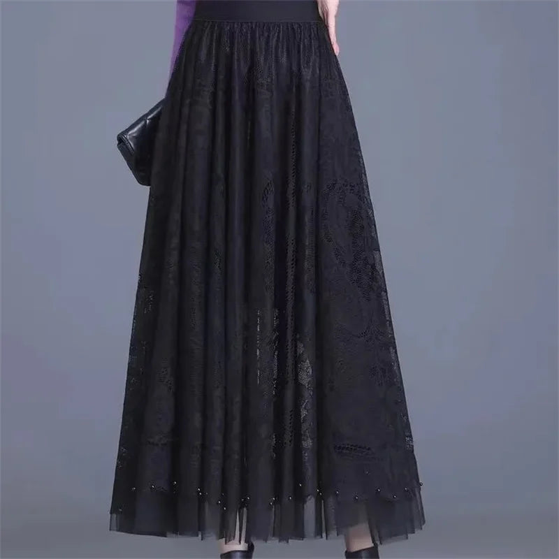 High Waist Lace Skirt With Hollow Out Studded Details For Women