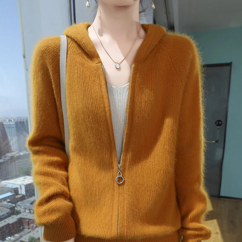 Loose Hooded Cashmere Knit Zipper Cardigan for Women