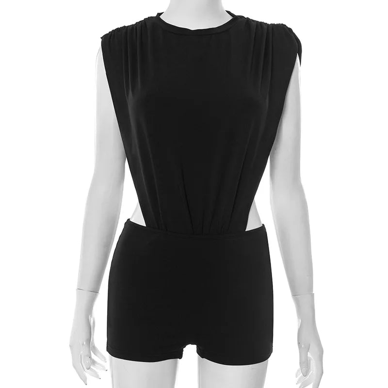 Joskaa 2025 Women's Black Two Piece Set Sexy Crew Neck Sleeveless Side Cutout Bodysuits and Bodycon Shorts Suits Y2K Streetwear
