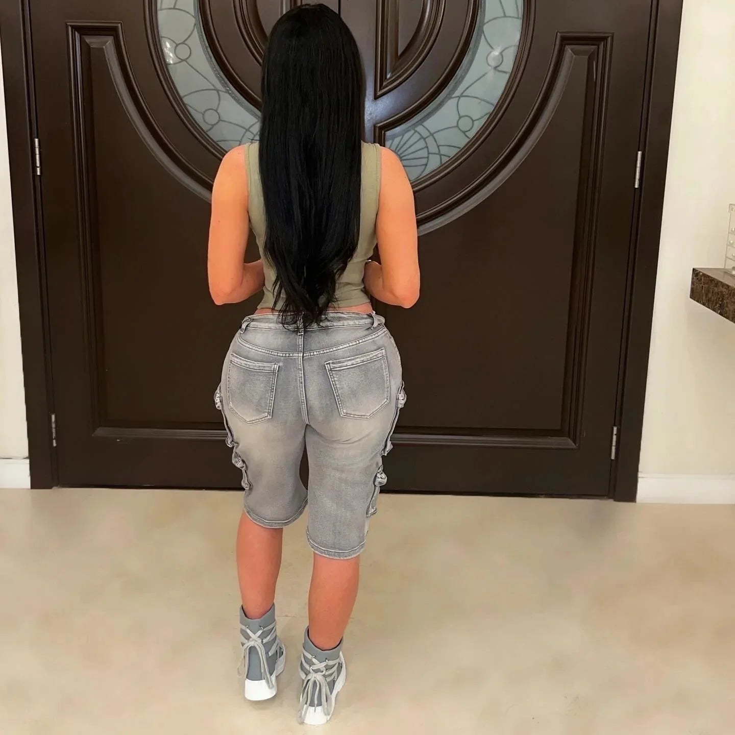 CM.YAYA Women Straight Washed Denim Knee Length Cargo Pants 2025 Summer Multi Pocket Street Casual Wide Leg Jeans Trousers