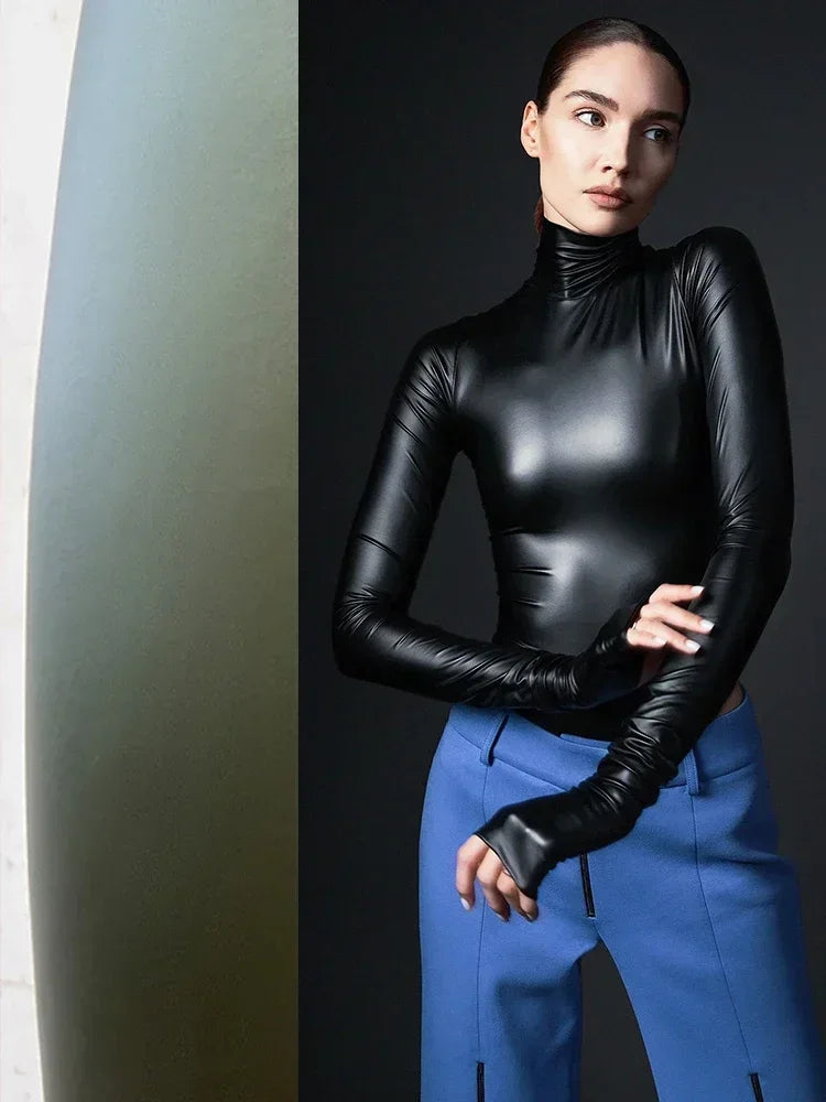 Women Faux Leather Bodysuits Long Sleeve High Neck Slim Jumpsuits Ladies Sexy Stretch Bodycon Bodysuits Party Clubwaer Custom