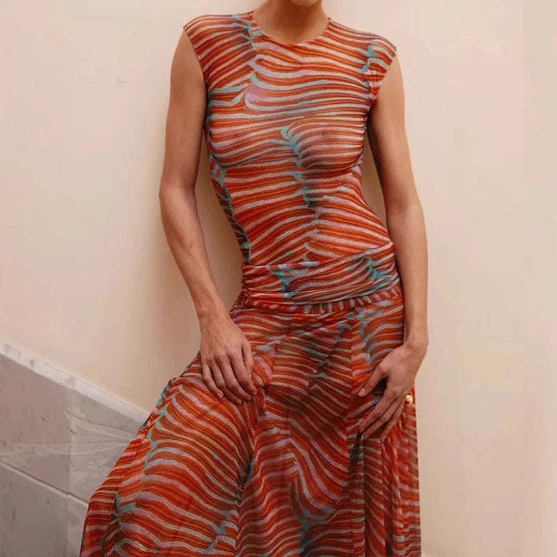 New 2025 Summer Women's Sexy Slim Sleeveless Striped Skirt Set Female Beach Style Clothing Woman Fashion Tank Top & Skirts Sets