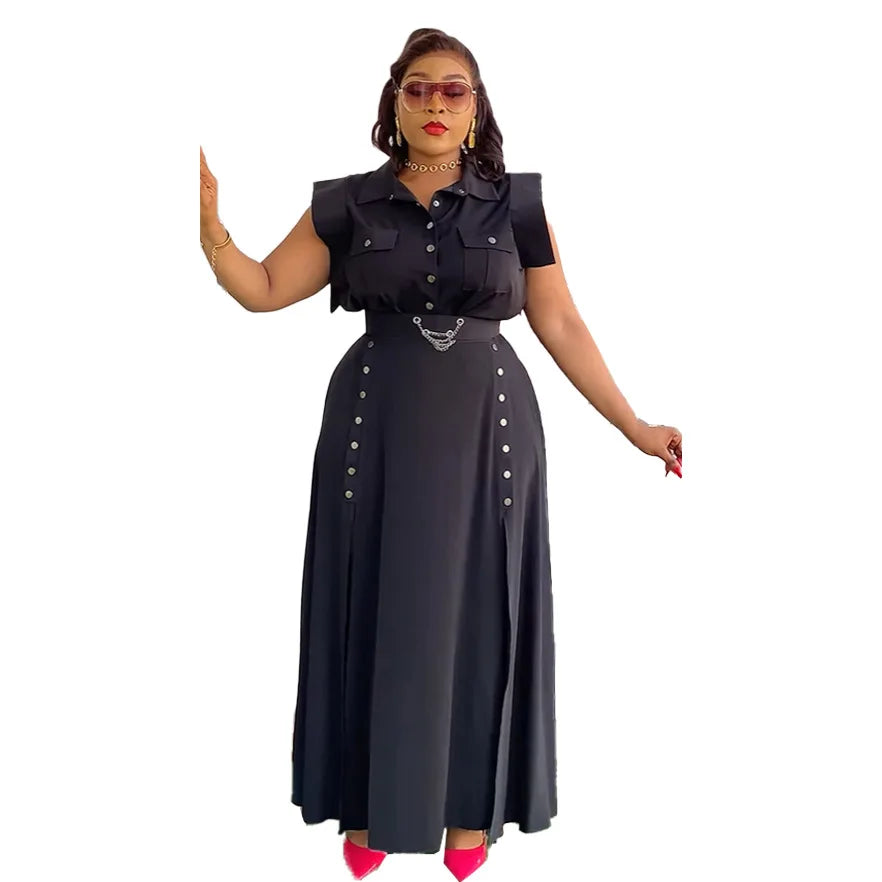CM.YAYA Women's Set OL Sleeveless Shirt + Cargo Split Long Skirts Suit 2025 Summer Party Evening Street Two 2 Piece Set Outfits