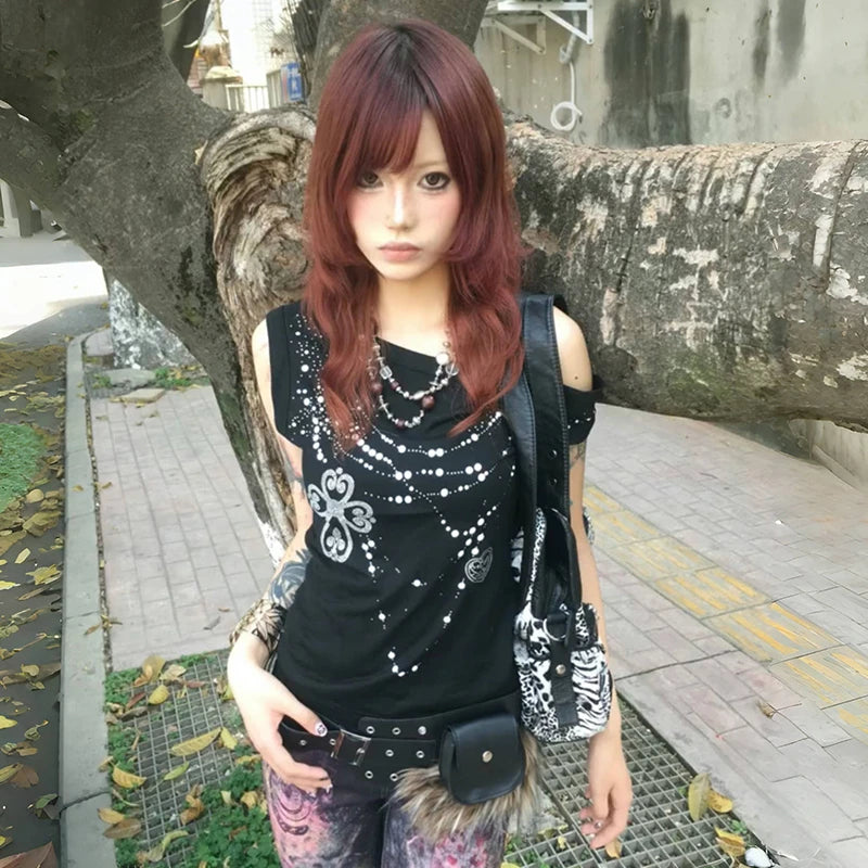 Karrram Japanese Y2k Off Shoulder T-shirt Grunge Aesthetics Rhinestones Print T Shirt Trashy 2000s Style Tops Vintage Harajuku