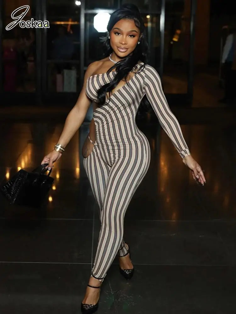 Joskaa Striped Print Cutout Jumpsuits Women Hipster Sexy Oblique Shoulder Backless Skinny One Piece Rompers Midnight Clubwear
