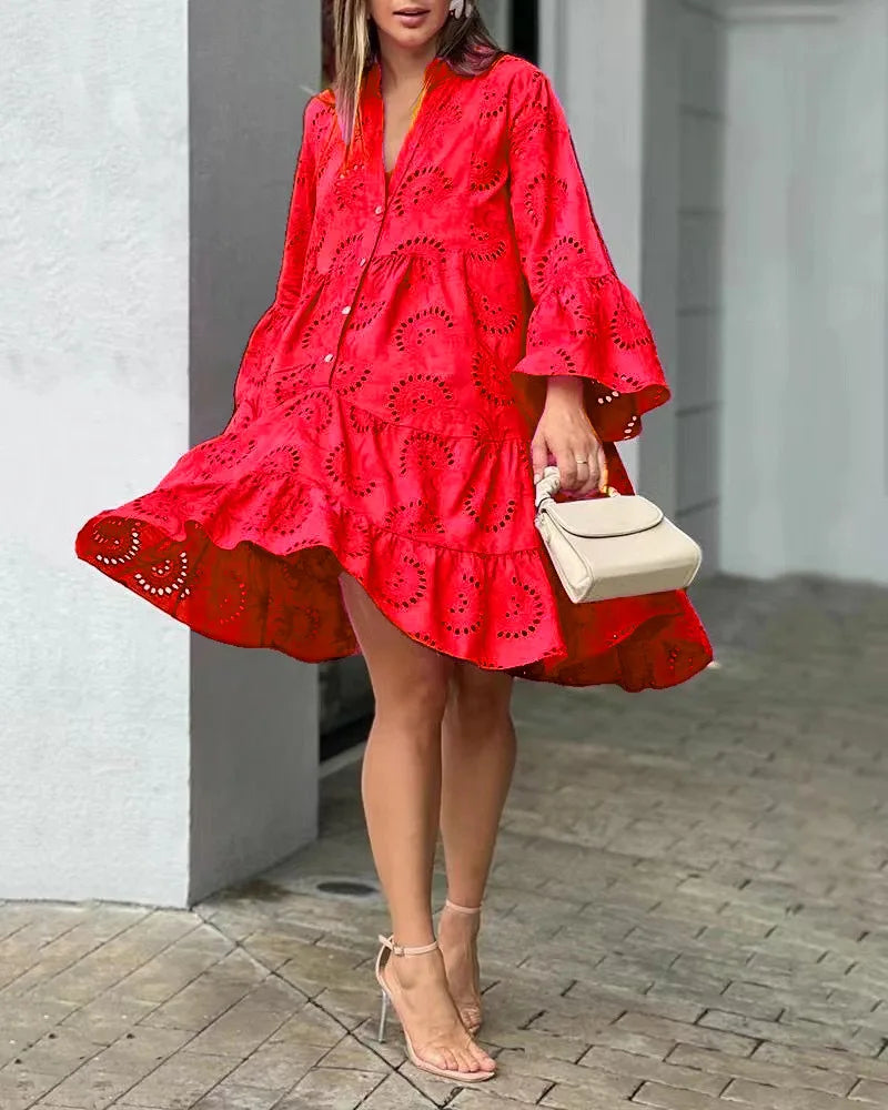 Summer Women Hollow Out Dresses Elegant Vintage Solid Lace V-neck Loose Embroidery Long Sleeve Mini Dresses