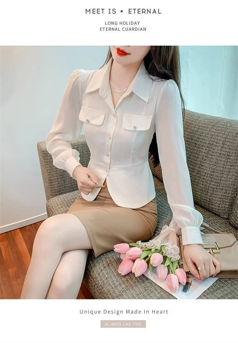 Autumn 2025 New Women Short Long-sleeved Chiffon Blouse Shirt Western-style Blouse Female Slim Pure Colour Bottoming Shirt