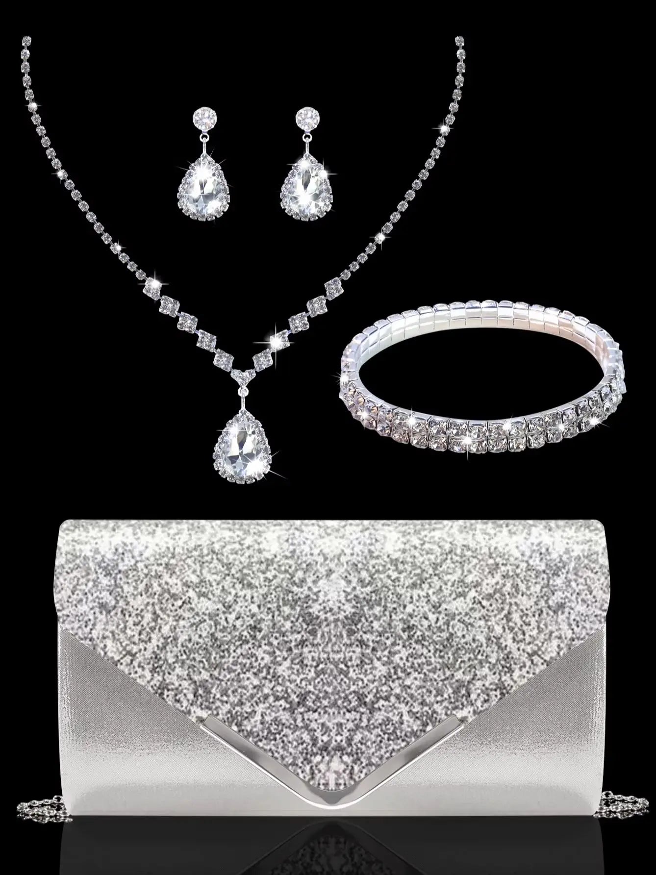 Sparkling and luxurious sequined evening clutch for women, paired with a gorgeous rhinestone necklace, earrings and bracelet set