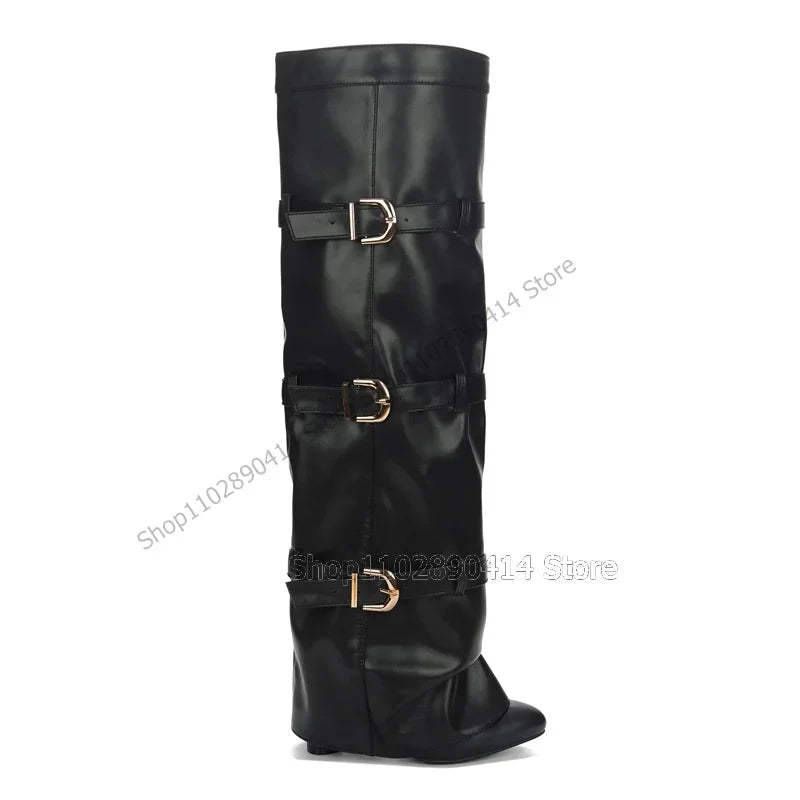 Black Pointed Toe Knee High Boots With Side Zipper For Women