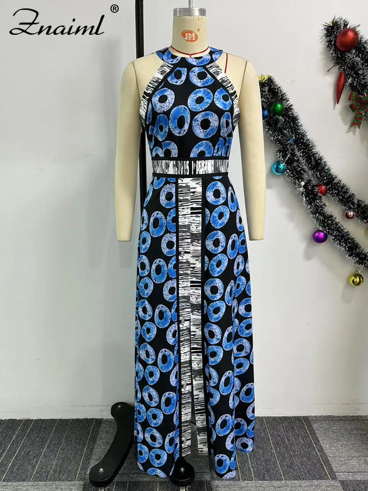 Znaiml Elegant Indie Folk Blue Retro Print A-line Long Dress Women O Neck Sleeveless Birthday Evening Prom Vacation Vestidos New