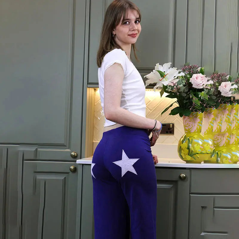 New 2025 Summer Womens High Elasticity Sports Joggers Women Embroidered Star Pattern Streetwear Straight Tube Casual Y2k Pants