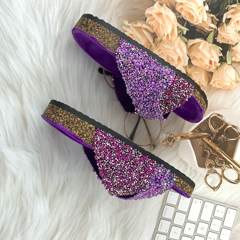 Summer Bling rhinestones Beach outside flat Women Slippers Fashion Casual Ladies Flip-Flops