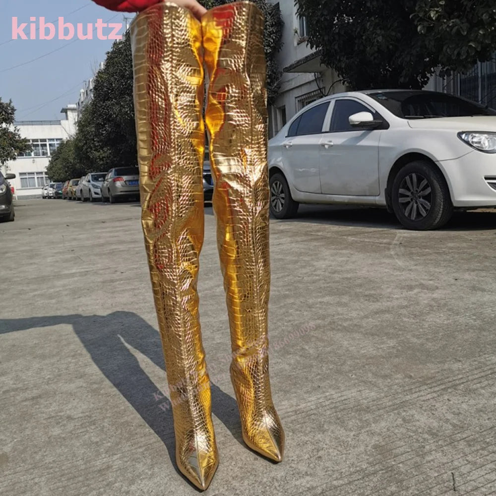 Golden Boots Over The Knee Crocodile Pattern Patent Leather Pointed Toe Thin Heel Nightclub Sexy Fashion Women Shoes 2023 Newest