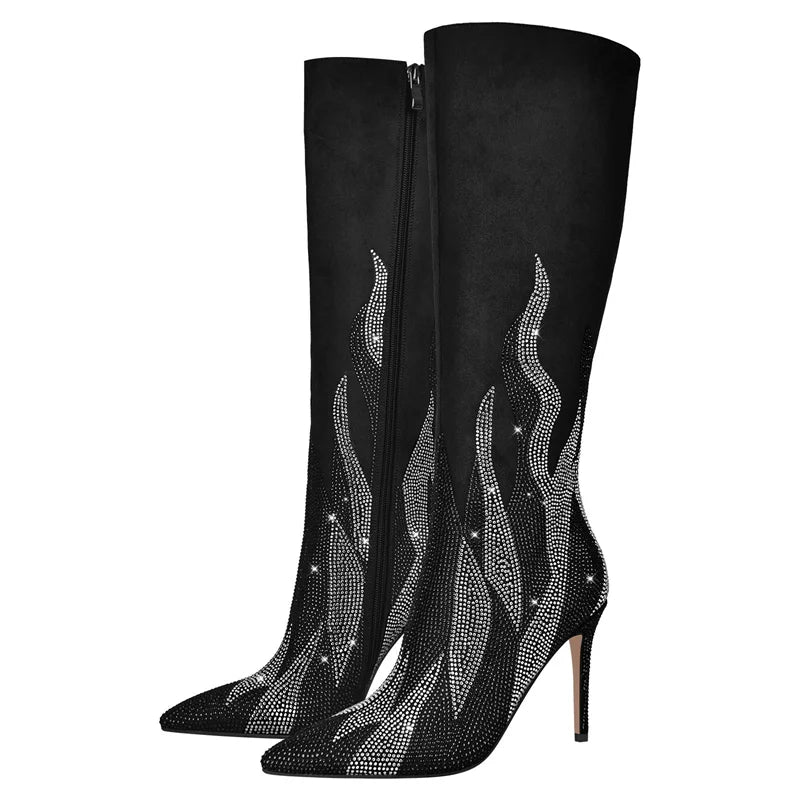 Pointed Toe Rhinestone Knee High Boots with Thin Heels for Women