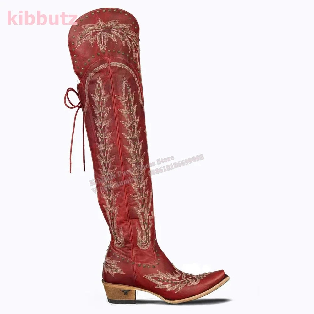 Rivet Cowboy Vintage Boots Over The Knee High Embroidery Lace-Up Luxury Leather Pointed Toe Chunky Heels Fashion Concise Shoes