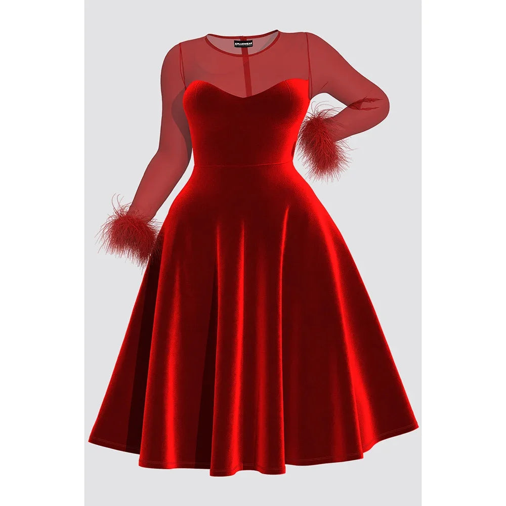 Plus Size Party A-line Midi Dresses Elegant Red Fall Winter Crew Neck Long Sleeve See Through Velvet Midi Dresses