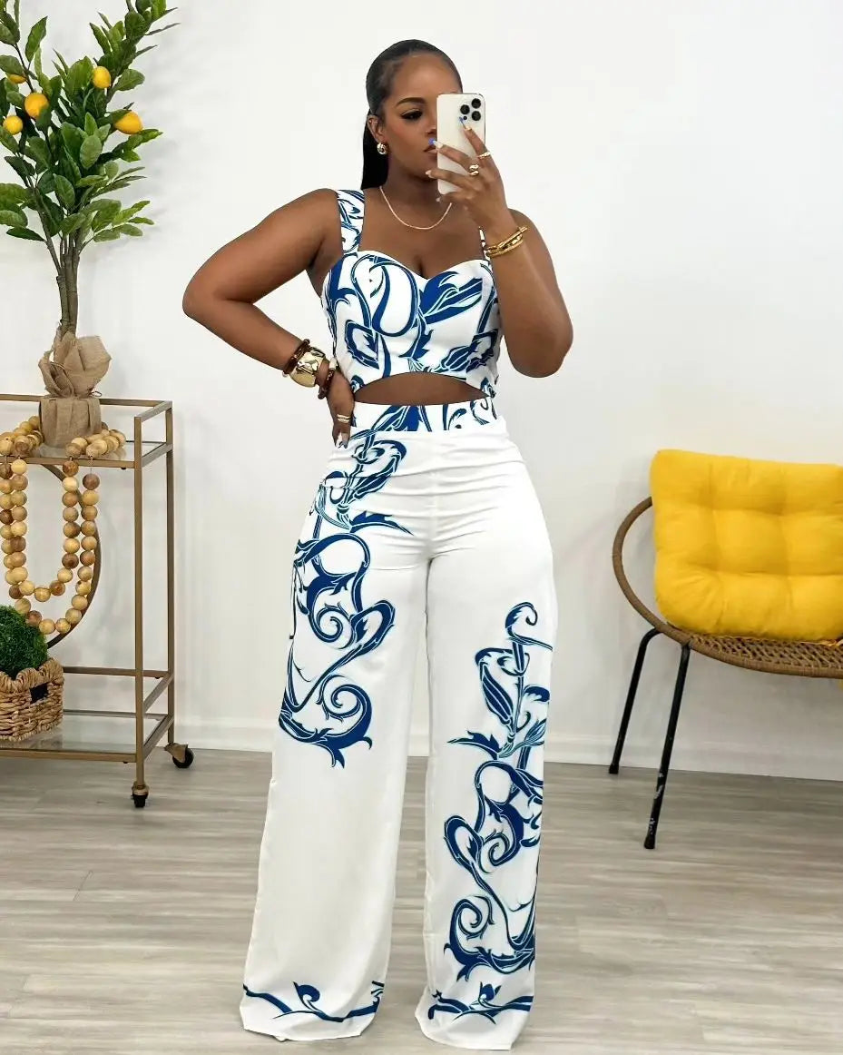CM.YAYA 2024 Summer Women's Set Sleeveless Strapless Tops +Wide Leg Pants Print Party Street Two 2 Piece Sets Outfits Tracksuit