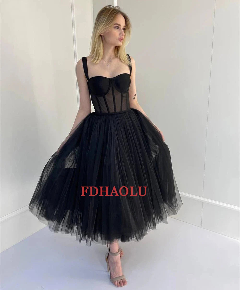 Customized Sweetheart Black Tulle Short Prom Dress Tea Length A-line Robes De Soirée Women Evening Party Gowns for Wedding Dress
