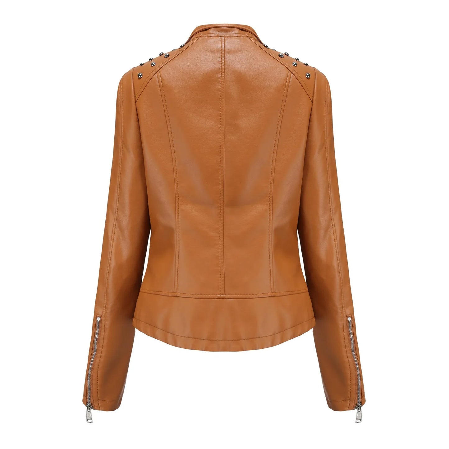 Women's Punk Rivet Leather Jacket Spring Autumn Retro Turndown Collar Slim Casual Ladies Faux Soft Leather Moto Biker Outerwear