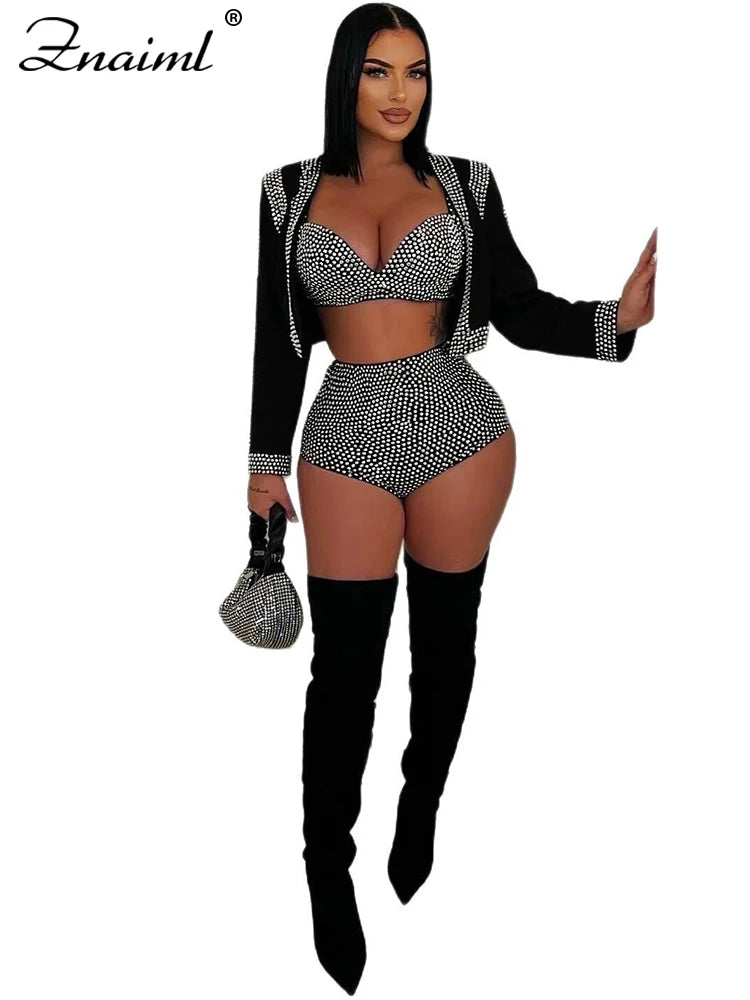 Znaiml Luxury Black Rhinestone Outfits Women Jacket Bra Crop Top and Shorts 3 Pieces Set Elegant Birthday Night Club Prom Suits