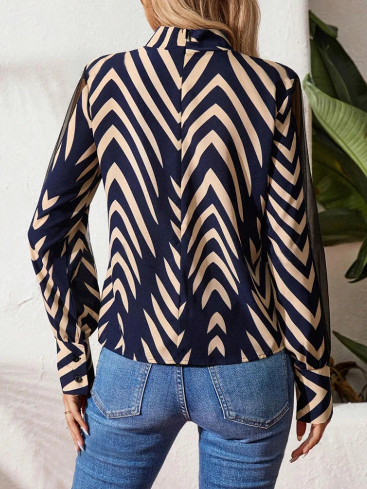 Women's Casual Stand-Up Collar Long-Sleeved Mesh Spliced Top Breathable Design for Spring and Summer Comfort Fashionable Top