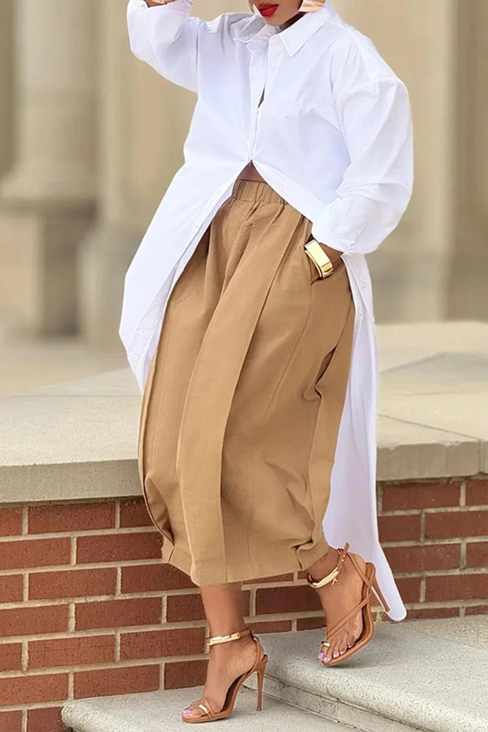 Women's Khaki Capri Trousers Pockets pleated Wide Leg Casual Vintage Loose Harajuku High Waist Leisure Calf-length Pants