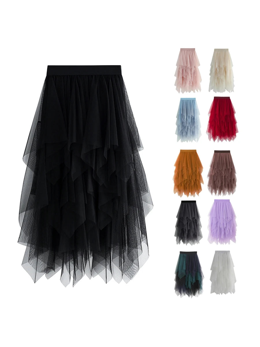 Women Tutu Tulle Skirt Elegant High Waist Mesh Tiered Layered Half Skirt Female Prom Party Midi Skirt for Summer Fairycore Y2K