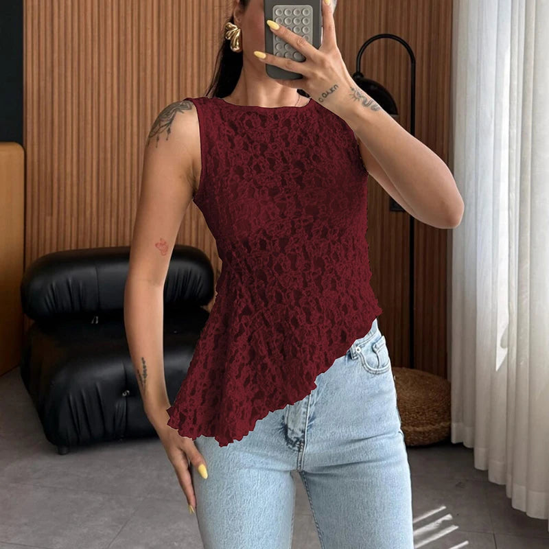 Women's Casual O Neck Sleeveless Irregular Tees 2025 Summer Solid Color Waist Blouses Perspective Lace Slim Fit Club Party Tops